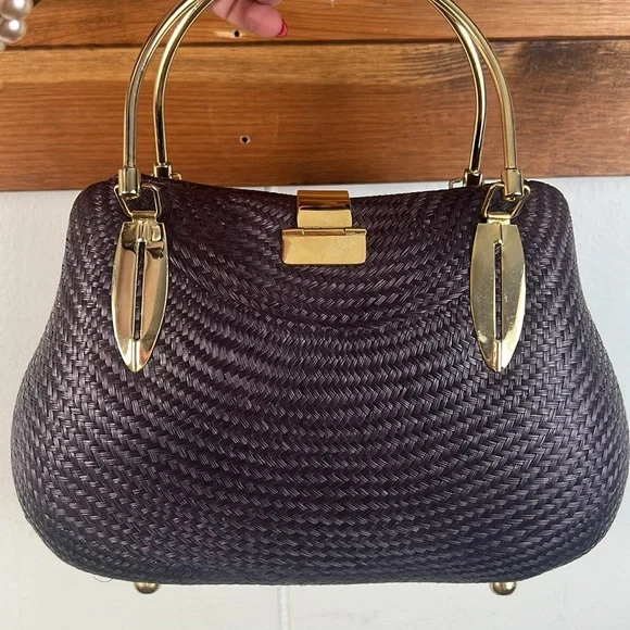 Desenyo Buntal hard form mini clutch handbag purple w/gold color accents - Picture 8 of 13